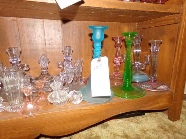 COLLECTION OF CANDLE STICK HOLDERS IN PINK GREEN AND BLUE CLEAR GLASS AND H