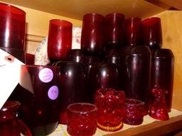 TOP SHELF OF HUTCH INCLUDING LARGE COLLECTION OF RUBY GLASS INCLUDING TUMBL