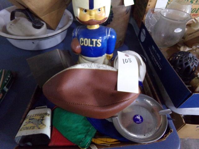 LOT BALTIMORE COLTS MEMORABILIA INCLUDING LARGE BOBBLE HEAD PENNANTS FOOTBA