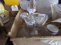 BOX LOT PRESSED GLASS VASES VINEGAR SALT AND PEPPER AND MORE