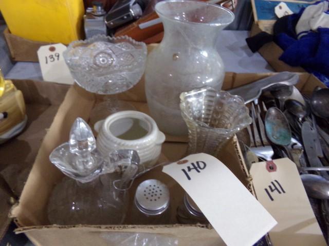 BOX LOT PRESSED GLASS VASES VINEGAR SALT AND PEPPER AND MORE