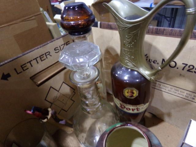BOX LOT INCLUDING DECANTERS VASES HEN ON NEST AND MORE