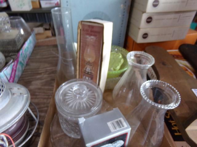 BOX LOT INCLUDING VASELINE GLASS CUT GLASS BOWLS BISCUIT JAR AND MORE