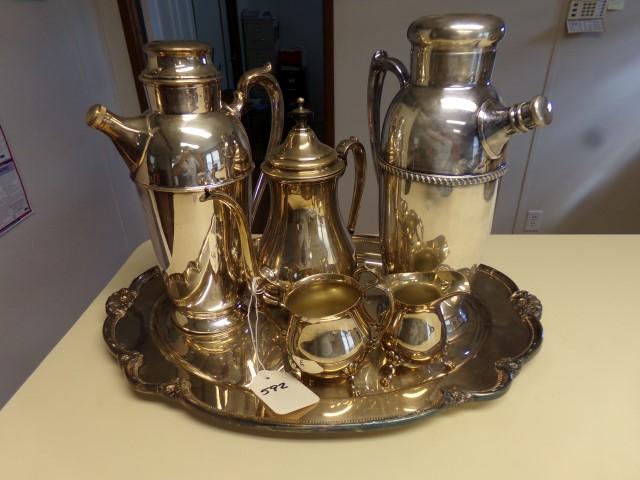 SILVER PLATE TRAY AND 5 PCS