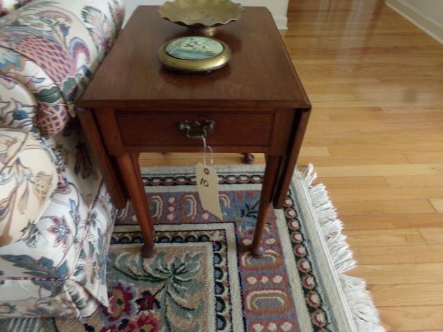 MAHOGANY DROP LEAF END TABLE SINGLE DRAWER GATE LEG WITH CONTENTS OF BRASS