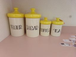 FOUR PIECE CANISTER SET AND TWO ADVERTISING PRINTS