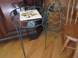 WROUGHT IRON PLANT STAND AND FISH SHAPED WINE RACK