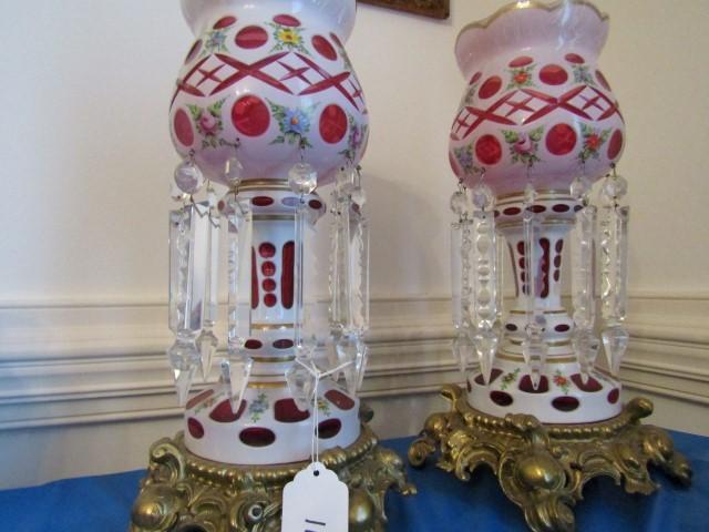 PAIR OF ORNATE 18 INCH BOHEMIAN GLASS ELECTRIFIED MANTEL LUSTERS