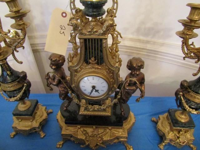 ORNATE CONTEMPORARY ITALIAN BRONZE ONYX GARNITURE SET WITH FIGURAL CHERUBS