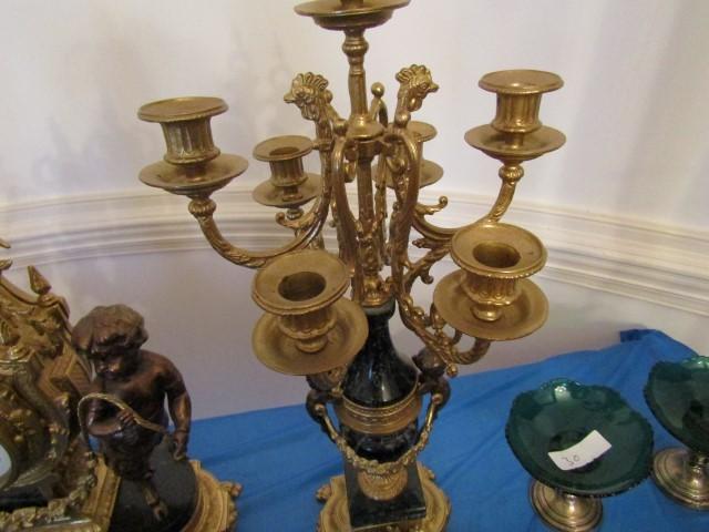 ORNATE CONTEMPORARY ITALIAN BRONZE ONYX GARNITURE SET WITH FIGURAL CHERUBS