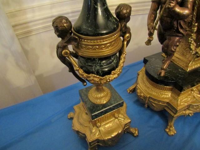 ORNATE CONTEMPORARY ITALIAN BRONZE ONYX GARNITURE SET WITH FIGURAL CHERUBS