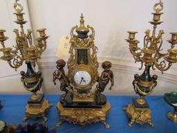 ORNATE CONTEMPORARY ITALIAN BRONZE ONYX GARNITURE SET WITH FIGURAL CHERUBS