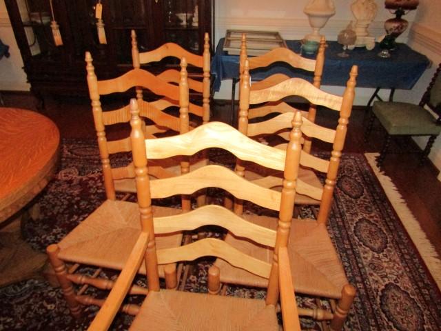 FIVE RUSH SEAT LADDER BACK DINING CHAIRS