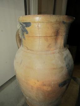 19TH CENTURY BLUE DECORATED 11 INCH STONEWARE PITCHER WITH CRACK AROUND TOP