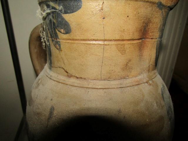 19TH CENTURY BLUE DECORATED 11 INCH STONEWARE PITCHER WITH CRACK AROUND TOP