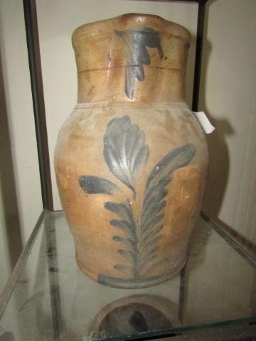 19TH CENTURY BLUE DECORATED 11 INCH STONEWARE PITCHER WITH CRACK AROUND TOP