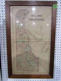 FRAMED MAP OF DELAWARE EARLY UNDER GLASS APPROXIMATELY 30 X 18