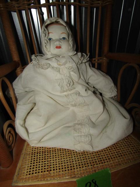 ANTIQUE CHILDS ROCKER WITH ANTIQUE BABY DOLL PORCELAIN FACE HAND PAINTED