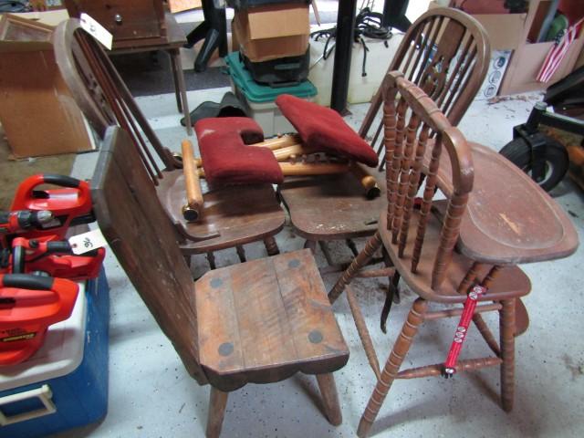 LOT OF SIDE CHAIRS AND HIGH CHAIR WITH ONE PRIMITIVE SIDE CHAIR