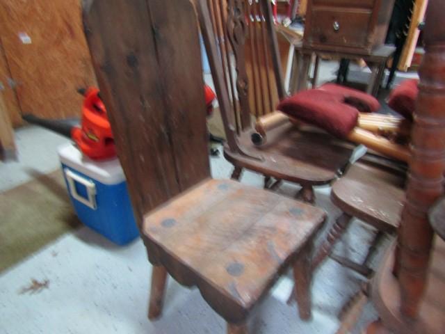 LOT OF SIDE CHAIRS AND HIGH CHAIR WITH ONE PRIMITIVE SIDE CHAIR