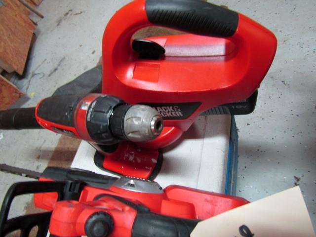 LOT OF BLACK AND DECKER BATTERY OPERATED TOOLS INCLUDING LEAF BLOWER DRILL