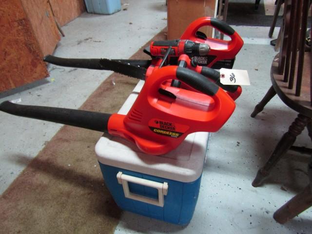 LOT OF BLACK AND DECKER BATTERY OPERATED TOOLS INCLUDING LEAF BLOWER DRILL