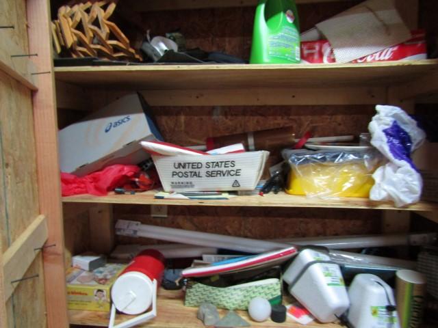 CONTENTS OF LARGE CABINET WITH COOLERS CLEANING SUPPLIES DECORATIONS COOKWA