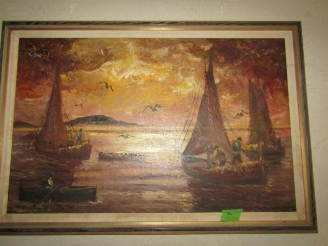 CONTENTS OF SHELF INCLUDING BARBIE DOLLS THIMBLES OIL ON CANVAS SEASCAPE 40