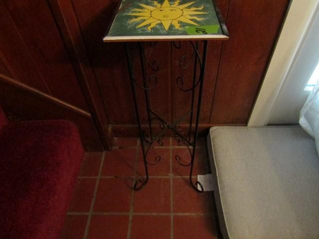 TILE TOP WROUGHT IRON PLANT STAND WITH SUN DESIGN