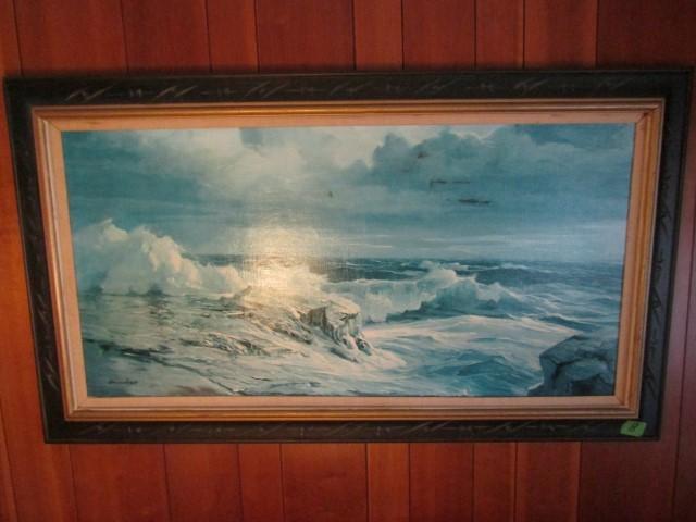 LARGE OIL ON CANVASE SEA SCAPE FRAMED 56 X 32 SIGNED SCHUMAKER