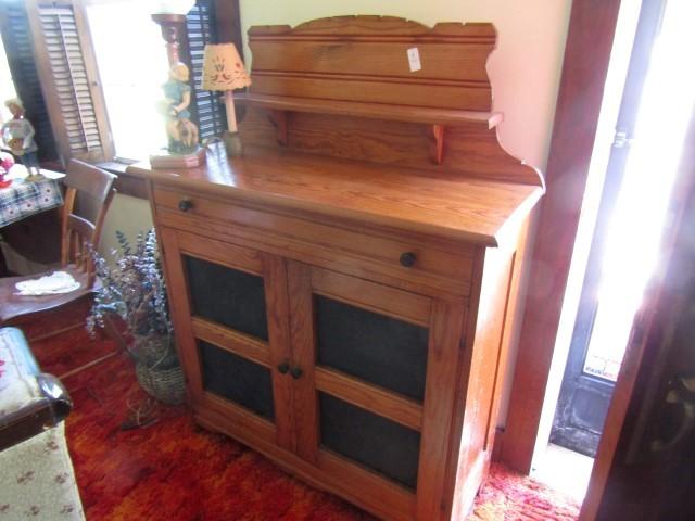 ANTIQUE PINE SAFE 2 DOOR SINGLE DRAWER AND SHELF 52 INCH TALL X 40 X 16