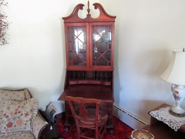 SLANT FRONT SECRETARY DESK WITH CONTENTS AND SIDE CHAIR