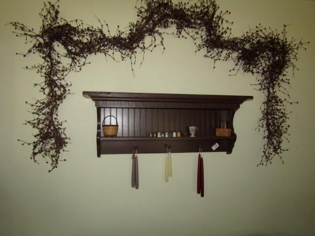 COUNTRY CRAFT STYLE COAT AND HAT RACK WITH SHELF AND CONTENTS THIMBLES CAND