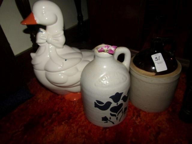 ANTIQUE SALT GLAZE WHISKEY JUG AND DECORATIVE JUG AND GOOSE COOKIE JAR