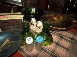 TABLE LOT INCLUDING GREEN GLASS BRADLEY AND HUBBARD BOOKENDS CLOISONNE BOWL