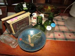 TABLE LOT INCLUDING GREEN GLASS BRADLEY AND HUBBARD BOOKENDS CLOISONNE BOWL