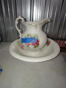 ROYAL CROWN WASH BOWL AND PITCHER WITH RED FLORAL DESIGN