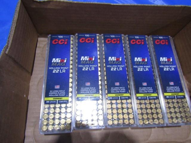 5 BOXES 100 CT CCI MINI MAG HOLLOW POINT 22 LR COPPER PLATED