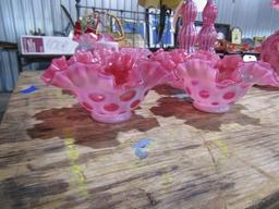 4 OPALESCENT GLASS BOWLS FLUTED EDGES 4 INCH ACROSS PINK