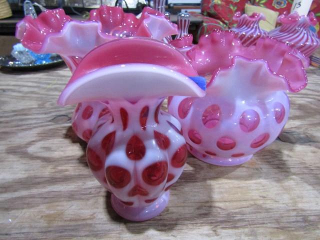 3 PINK OPALESCENT VASES BETWEEN 6 AND 5 INCH TALL