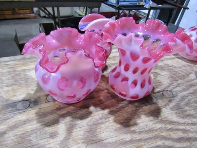 3 PINK OPALESCENT VASES BETWEEN 6 AND 5 INCH TALL