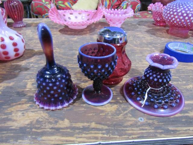 3 PCS PURPLE HOBNAIL INCLUDING BELL CORDIAL CANDLE HOLDER AND RED SUGAR SHA