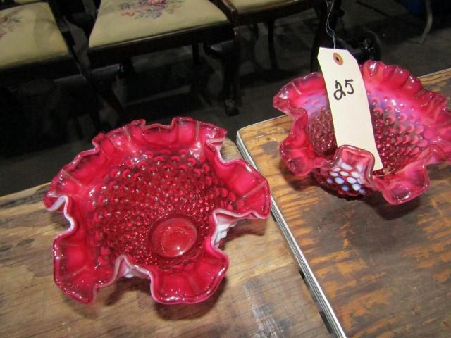 2 RED HOBNAIL BOWLS WITH FLUTED EDGES APPROX 4 INCH TALL