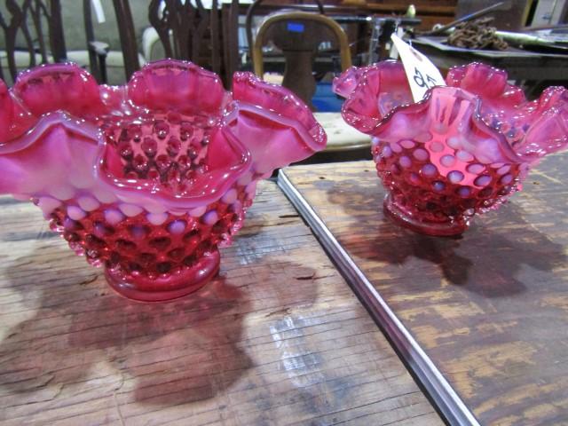 2 RED HOBNAIL BOWLS WITH FLUTED EDGES APPROX 4 INCH TALL
