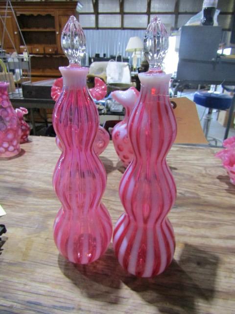 2 PINK OPALESCENT BARBER BOTTLES APPROX 14 INCH TALL