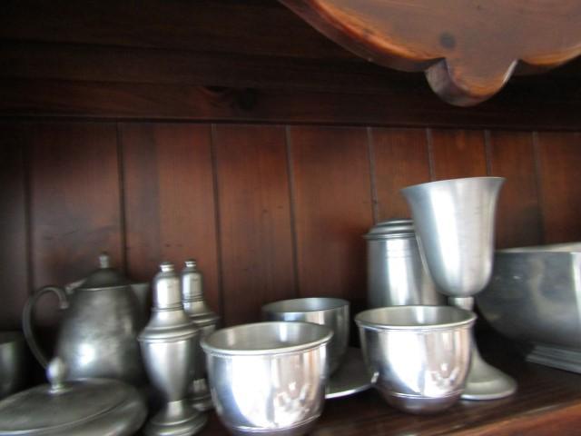 TOP SHELF OF HUTCH INCLUDING APPROX 24 PCS PEWTER INCLUDING GOBLETS BOWLS C