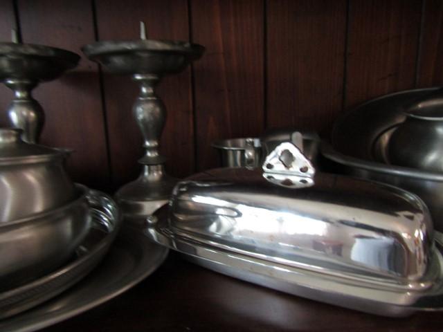 SECOND SHELF OF HUTCH INCLUDING APPROX 30 PCS PEWTER INCLUDING CANDLE HOLDE