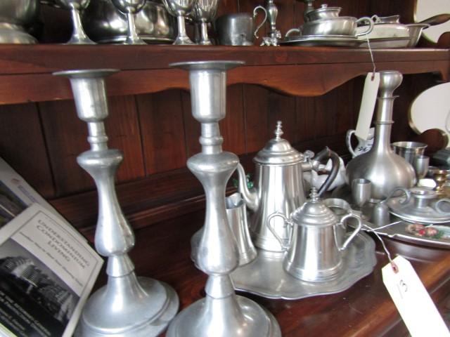 CONTENTS OF TOP OF HUTCH INCLUDING PEWTER PCS SUCH AS CANDLE HOLDERS COFFEE
