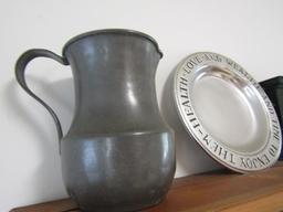 PINE SHELF WITH CONTENTS OF PEWTER PITCHER COLLECTORS PLATE AND CLOCK