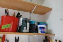 SHELF LOT INCLUDING PAINT PAINT BRUSHES BACKPACK SPRAYER OCEAN BOARDS AND M